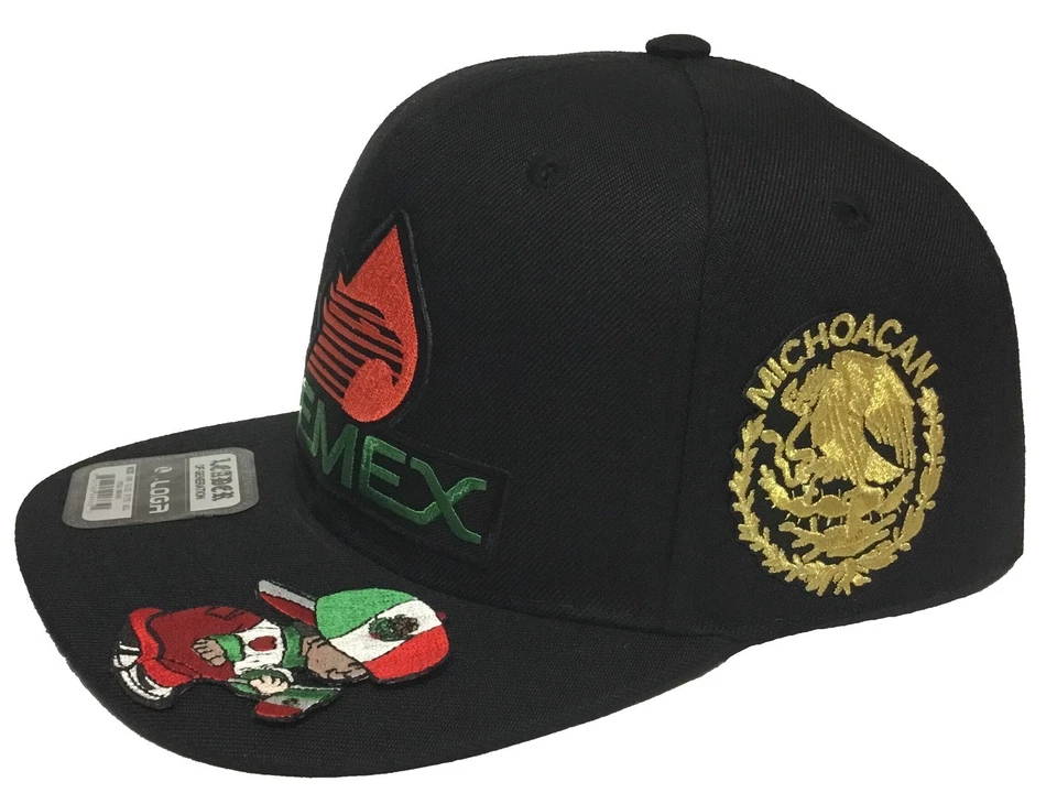 Sombrero Pemex Michoacán Logo Federal Cholito En La Visera 3 Logotipos Negro SnapBack Foto 2 de 3