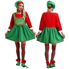 US Womens Outfit Christmas Suits Party Elf Costume 4-piece Hat Cosplay Dress Set