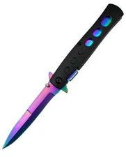 8.75" overall Spring Assisted Black and Rainbow knife