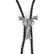 Crossed Guns Bolo Tie Western Silver Tone 36" Braided Vinyl Cord Made in USA