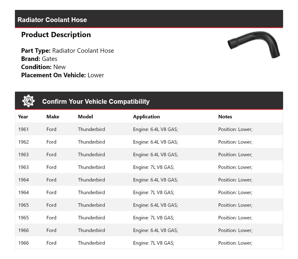 适用于 1961 - 1966 年福特雷鸟散热器冷却液软管下门 1962 1963 1964 — 第 2/4 张图片