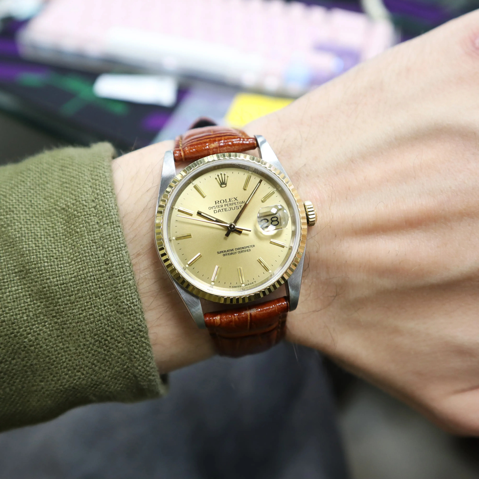 80's Rolex 16233 Datejust 36mm 18k Gold Steel Champagne Sticks