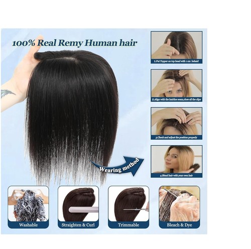 Hair Topper for Women With Bangs Real Human Hair for Thinning 10" Natural Black - Picture 3 of 5