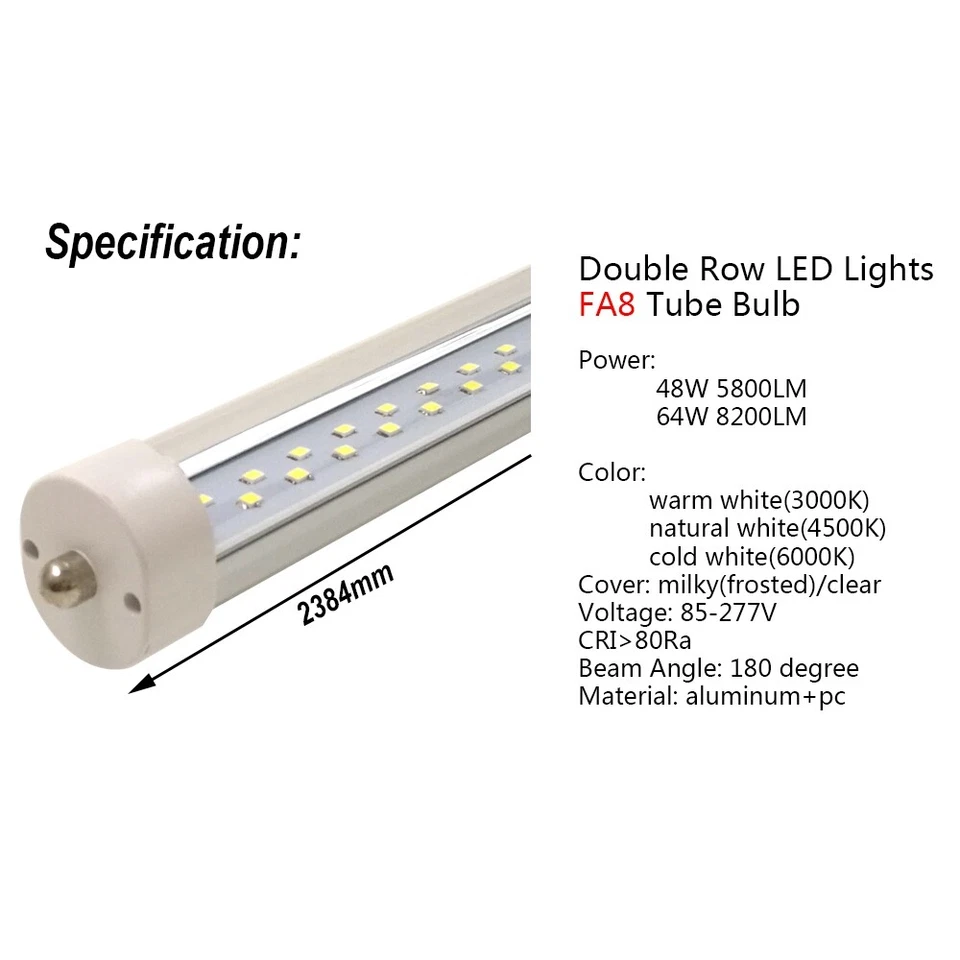 Double Row LED Tube Lights 8ft 2.4m FA8 R17D HO Bulb Super Bright Lamp 85-277V - Image 2 of 4