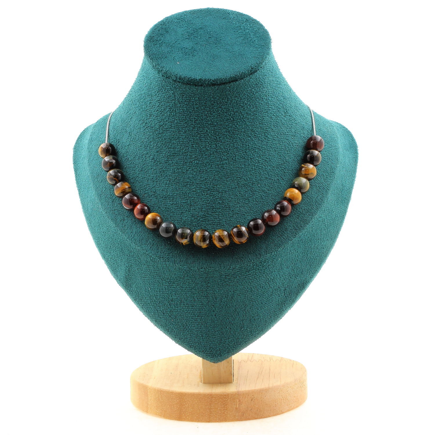 Collier 20 perles Oeil de Tigre multicolore 8mm et chaine acier pour femme