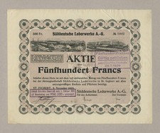 Süddeutsche Lederwerke AG – St. Ingbert (Saar) – Aktie, 500 Francs – von 1923