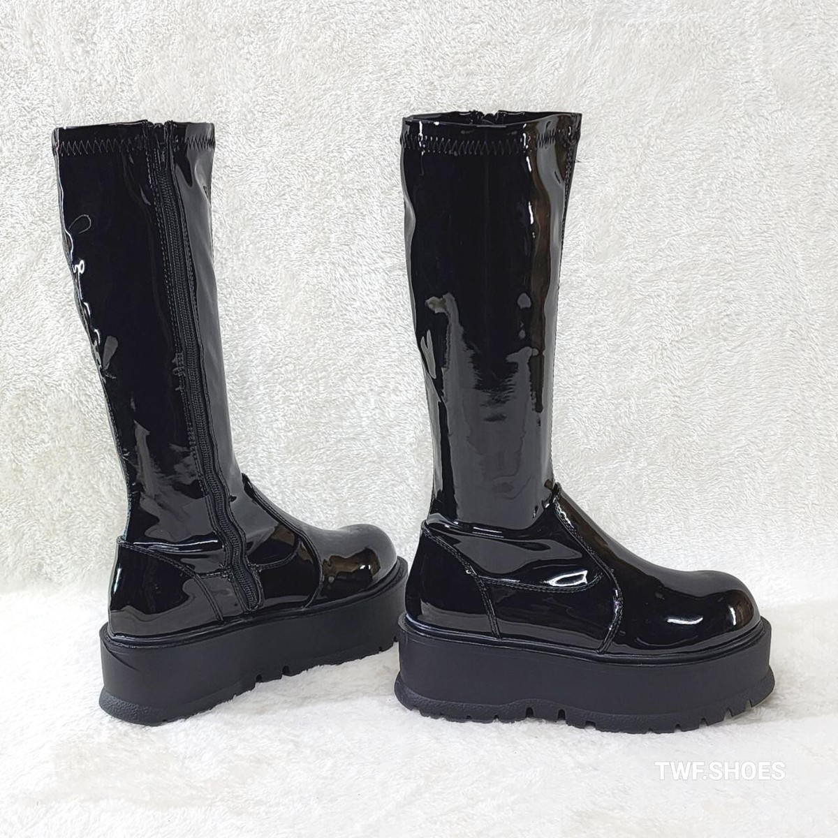 Slacker 200 65 Black Patent Platform Wedge Heel Knee Boots