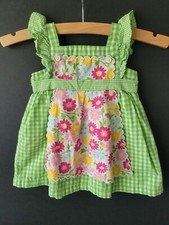 Gymboree Girl Dress 6-12 m Green Pink Gingham Floral Spring Blossom Apron Lined