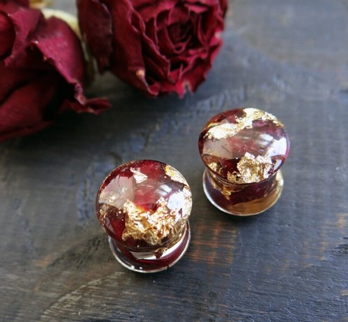 Tapones para los oídos rosa roja flor prensada joyería corporal medidores de resina túneles de boda par - Imagen 5 de 7