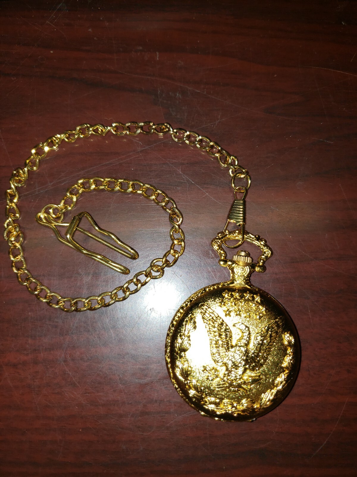 Japan Movt Gold Tone Pocket Watch w/ Chain American Eagle with 13
