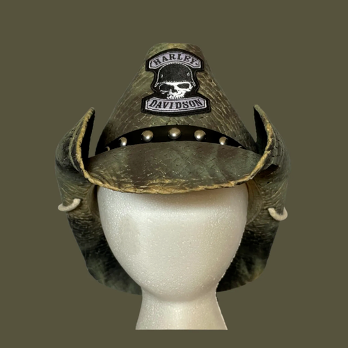 Harley Davidson Custom Painted Camo Straw Cowboy Hat w/Hat Band and