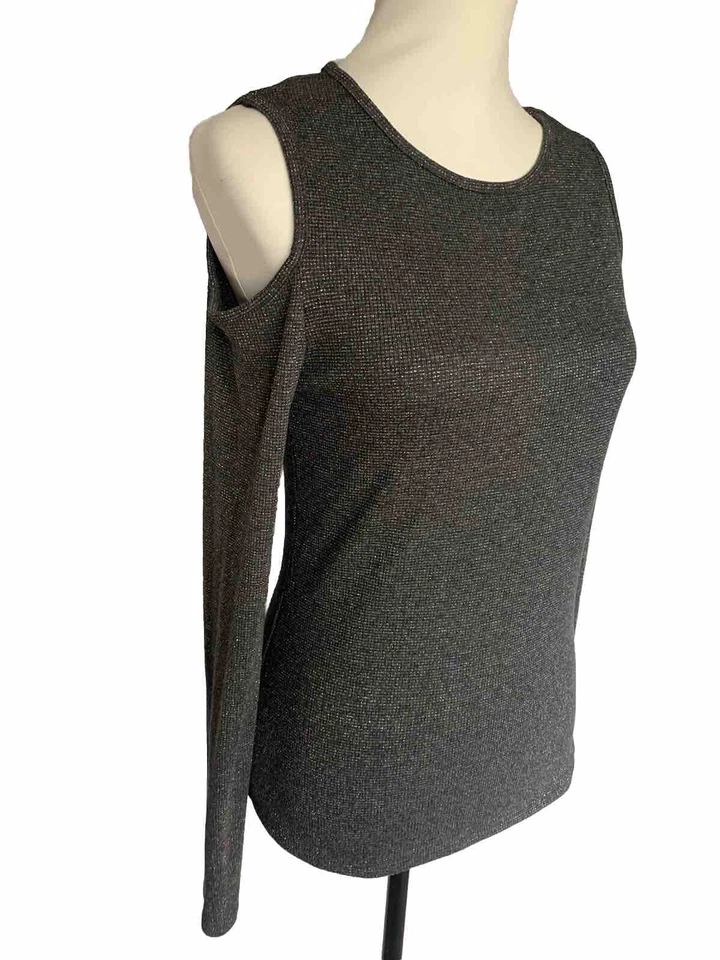 New Look Womens Grey Top Size 14 Cold Shoulder Long Sleeve Round Neck Sparkly - Image 2 of 4