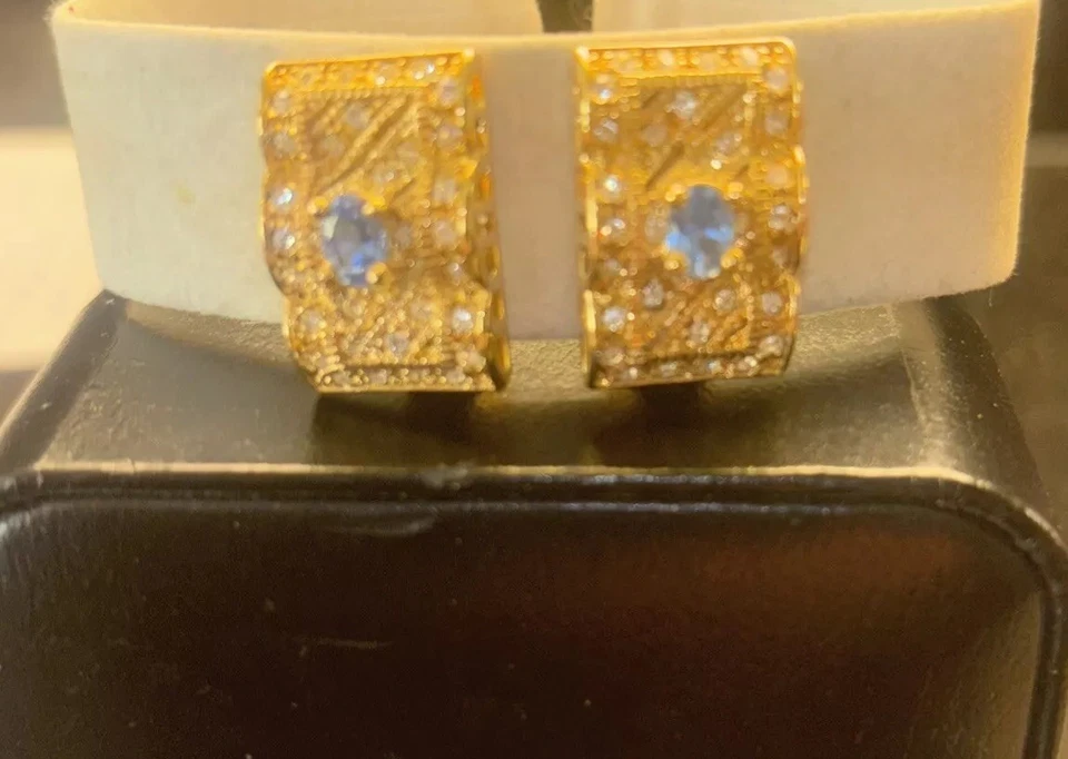 💎Женские золотистые бледно-голубые серьги-клипсы со стразами - Изображение 3 из 4