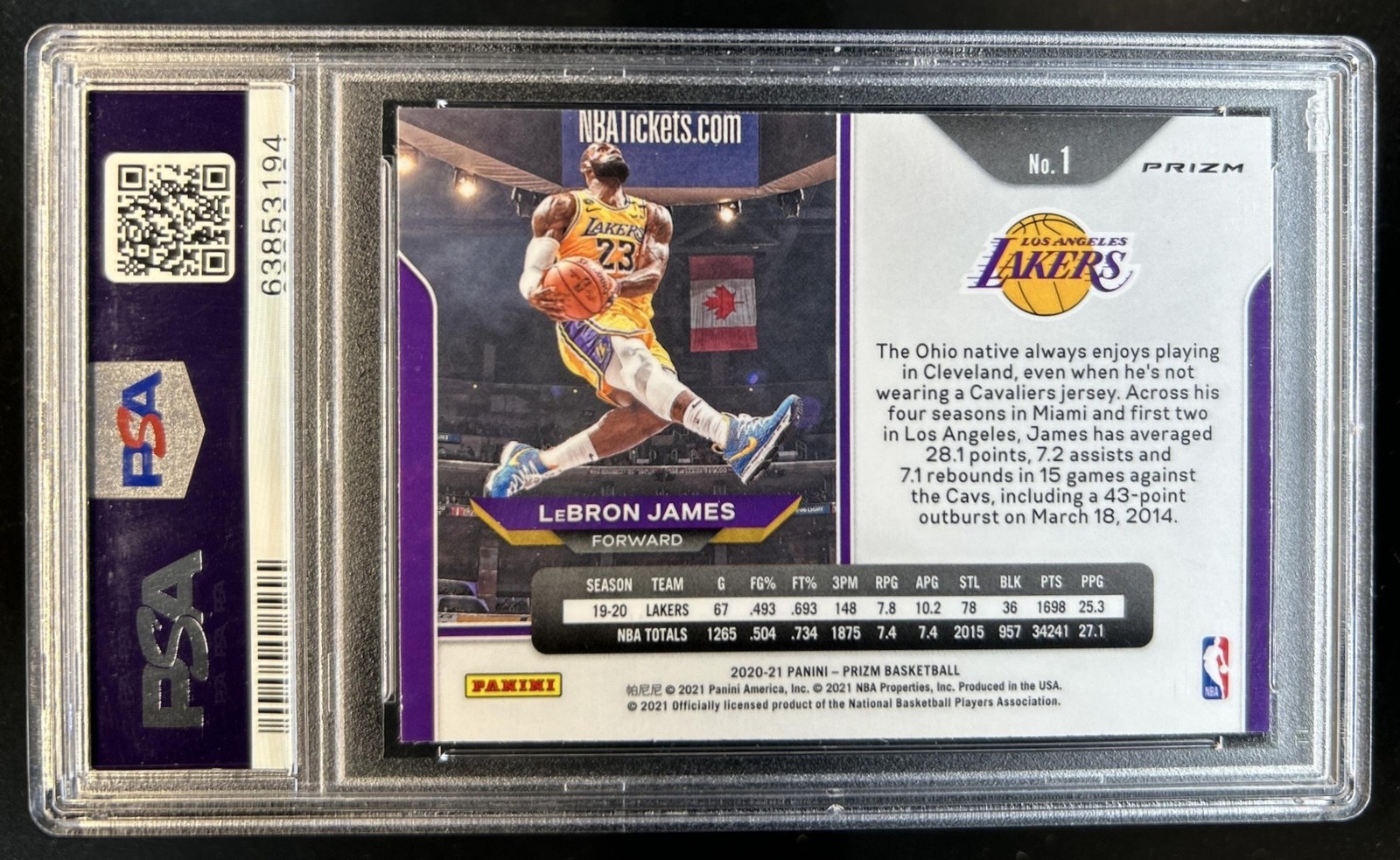 2020-21 Panini Prizm LeBron James Purple Wave Prizm #1 Lakers PSA 9 view 2