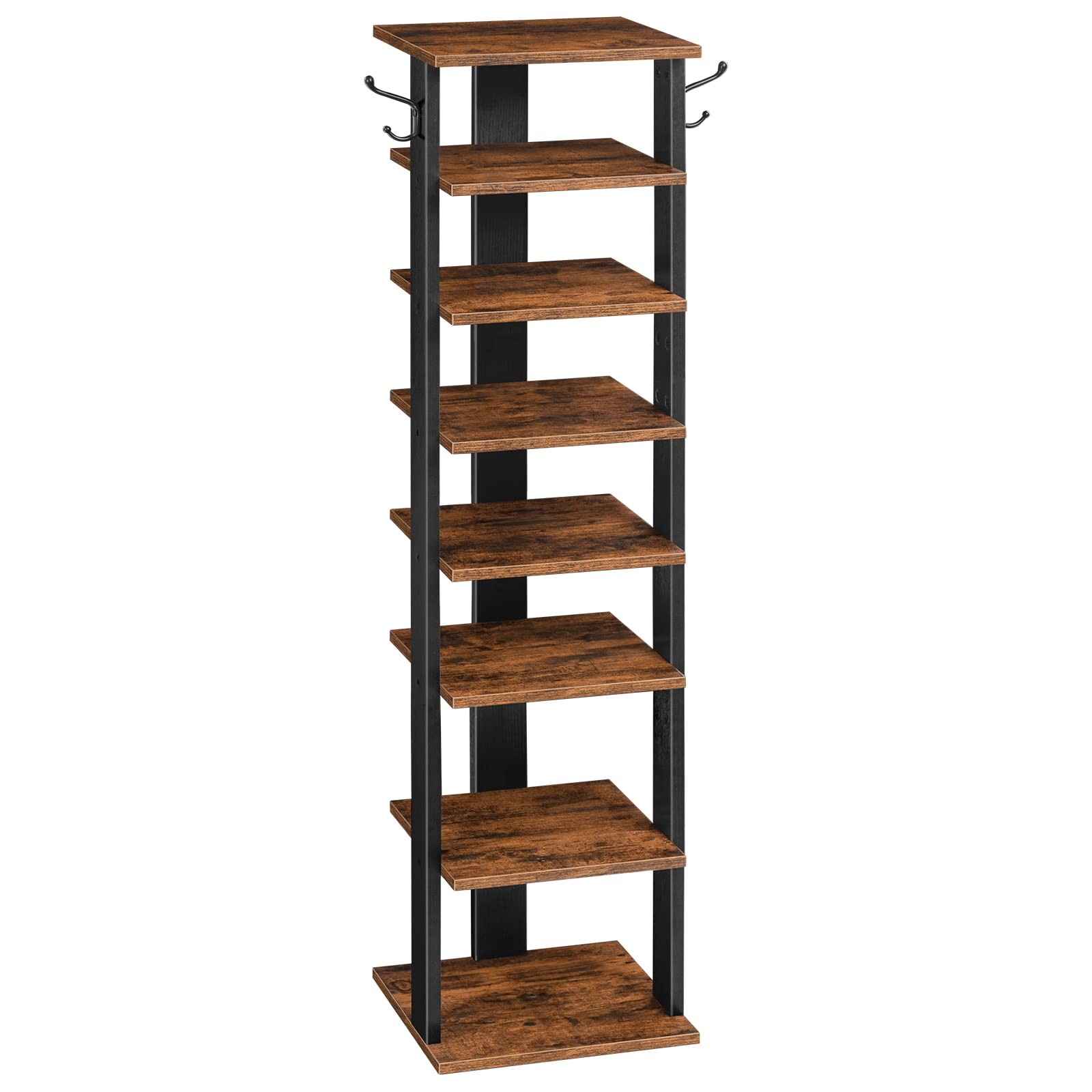 HOOBRO Shoe Rack Wooden, Tall 28 x 28 x 113 cm, Rustic Brown + Black