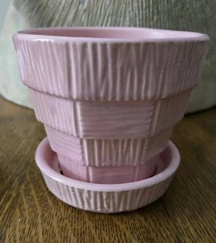 Vintage McCoy Pink Basketweave Pottery Flower Pot Planter 4"