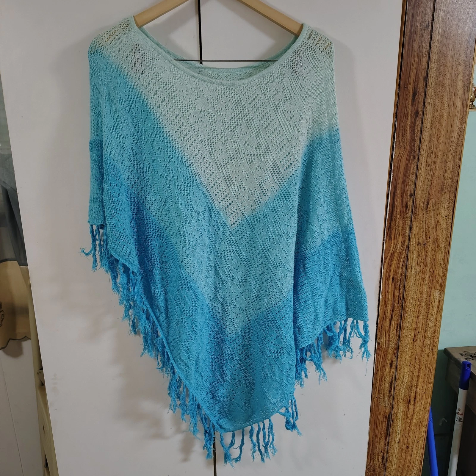 Vintage Faded Glory Aqua Crochet Knit OS Poncho Y2K Boho Ramie Cotton FFFGW44511