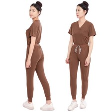 Women V-Neck Medical Scrubs Set Top Jogger Pants Stretch Scrub Suit Brown