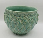 McCoy Diamond Quilted Leaf & Berry Green 3D Glaze Jardiniere Planter 7.5"hx9"d