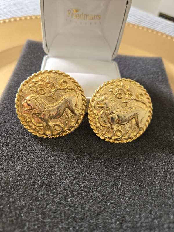Vintage Les Bernard Lion Clip on Earrings - Large Round Designer Earrings Lions