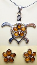 Koa Wood Pendant  Earring Set Ball Chain Turtle Plumerias Hawaiian Jewelry New