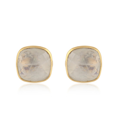 Rainbow Moonstone Yellow Gold Plated 925 Silver Gemstone Girls Stud Earrings