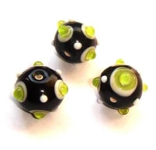 Qty. 10 - 15MM Round Bumpy Black, Green & White Lampwork Glass Beads
