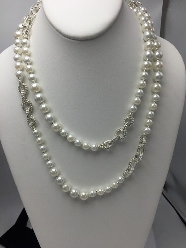 $55 Anne Klein Pearl & Pave Silver Tone Necklace A114 - Picture 4 of 7
