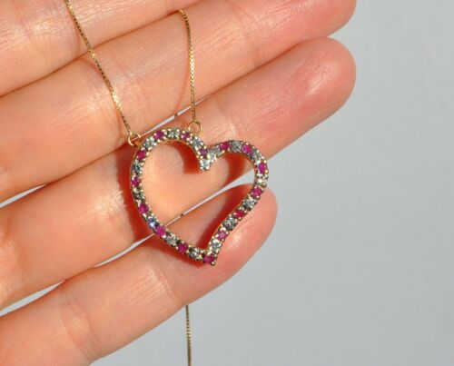 Vtg 10k Solid Gold Natural Ruby Diamond Heart Necklace Pendant Chain Pave Large - Picture 5 of 9