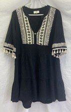 I got you szS black v-neck shift dress embroidered detail, pom cuffs, sequins, 