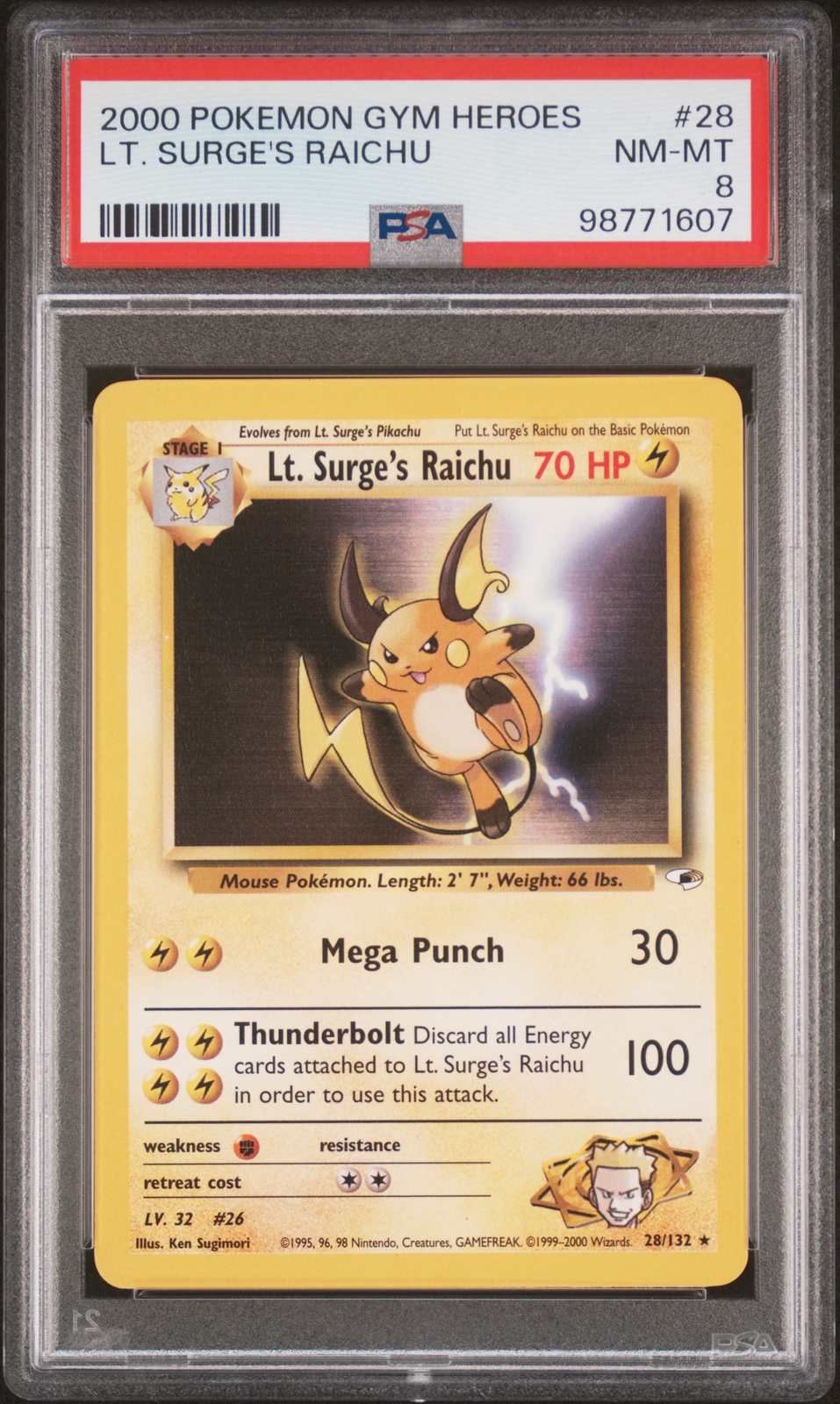 2000 POKEMON GYM HEROES #28 LT. SURGE'S RAICHU PSA 8