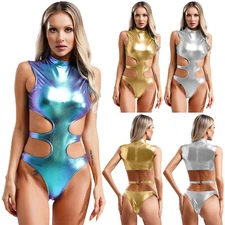 Womens Jumpsuit Hollow Out Leotard Metallic Bodysuit Babydoll Clubwear Bodycon