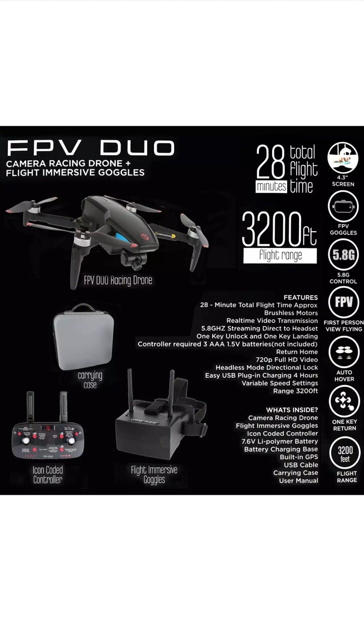 Vivitar FPV Duo Racing Drone with Goggles and GPS, Black