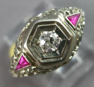ANTIQUE ART DECO .16CT OLD MINE DIAMOND & AAA RUBY 18K WHITE GOLD 3D RING #27470