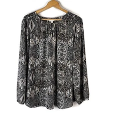 Charter Club Womens Top Size XXL Black Paisley Semi Sheer Keyhole Long Sleeve