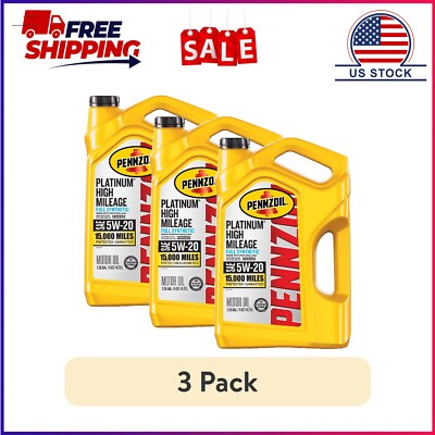 (3 pack) Pennzoil Platinum High Mileage Full Synthetic 5W-20 Motor Oil, 5 Quart