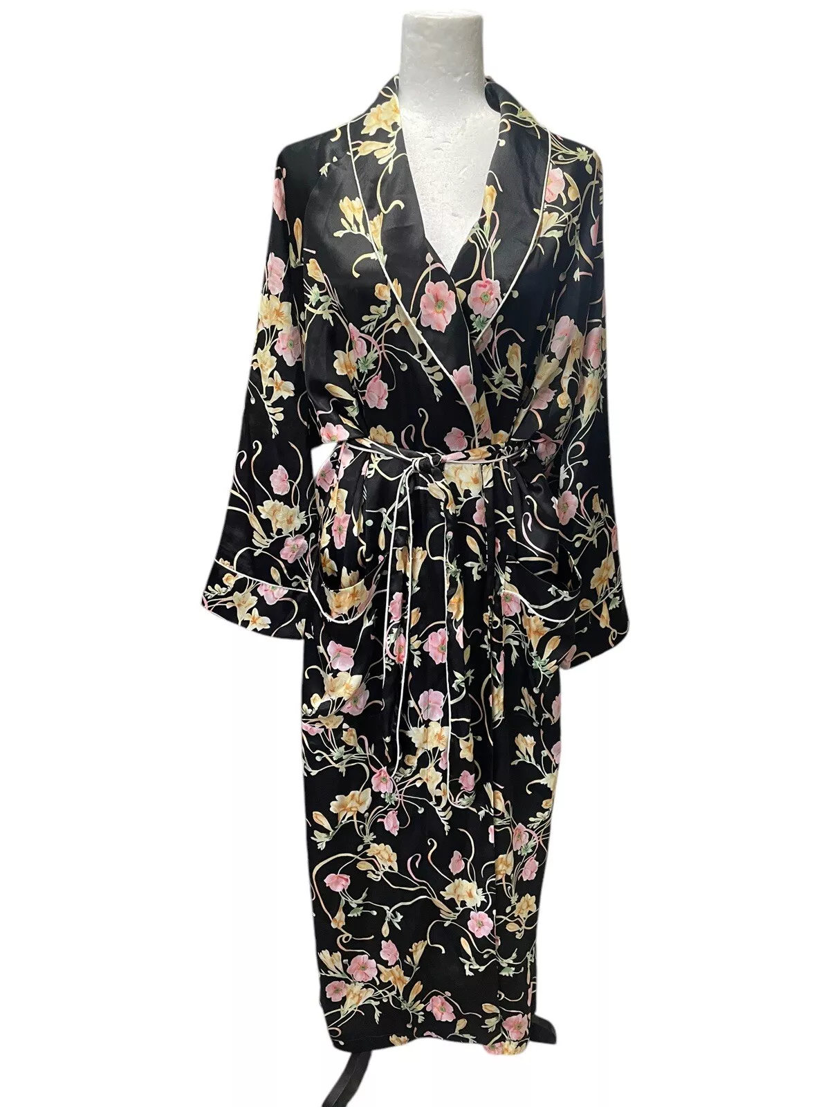 Robe soyeuse ceinturée vintage Christian Dior noire imprimé floral femme taille moyenne