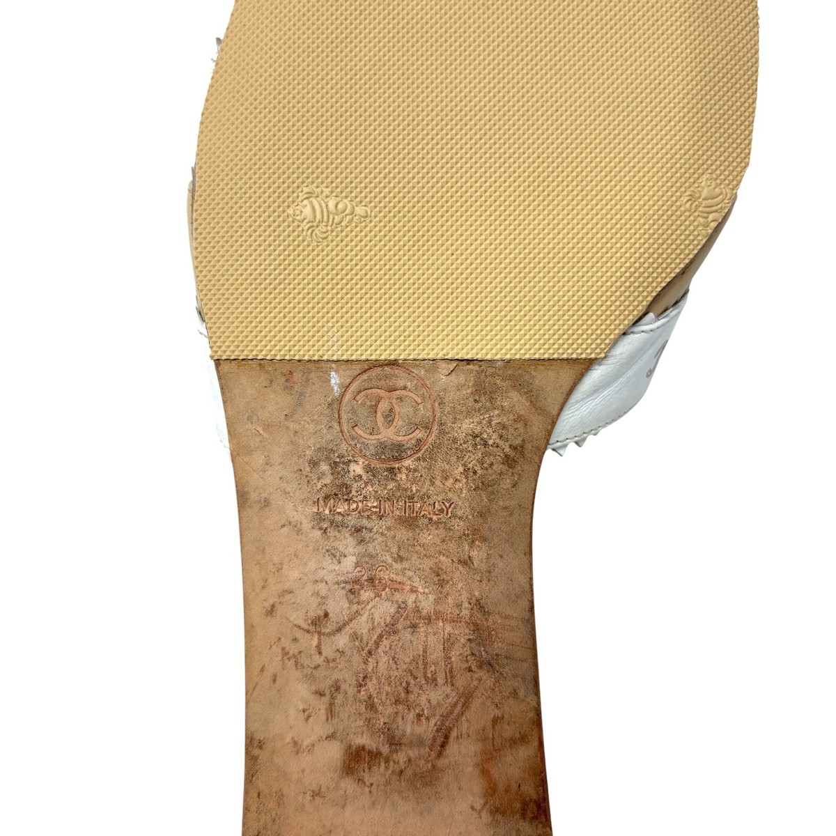 CHANEL Vintage CC Logo Sandals Mules #36 Cream White Leather Flat