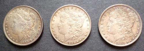 3 - MORGAN SILVER DOLLARS $1 - 1881 / 1896 - EXCELLENT, NICELY TONED