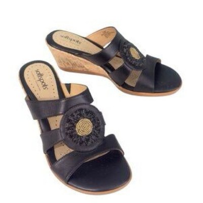 Softspots Women's Black Leather Medallion Wedge Sandals Shoes Slip Ons 9
