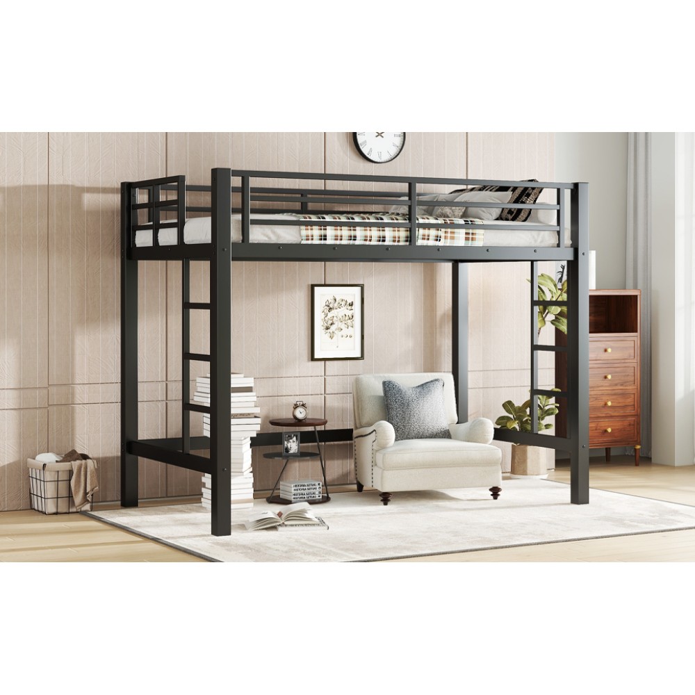 Queen Size Metal Loft Bed Loft Bed with Easy Climbing Ladder and Guardrails