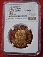 1928 GILT 32mm AMELIA EARHART NGC MS 65 1st WOMAN ACROSS ATLANTIC MEDAL #MF-5753
