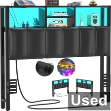 Headboard for Twin Size Bed w/Storage, Upholstered w/Outlets, USB Ports, LED