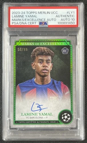 LAMINE YAMAL PSA 2023-24 TOPPS MERLIN MARKS OF EXCELLENCE AUTO GREEN FOIL RC /99