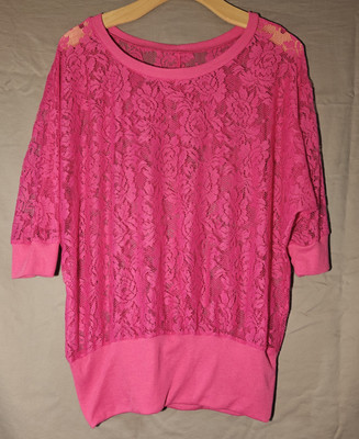 Neon Pink 3/4 Sleeve stretch nylon floral lace blouse M Juniors Size