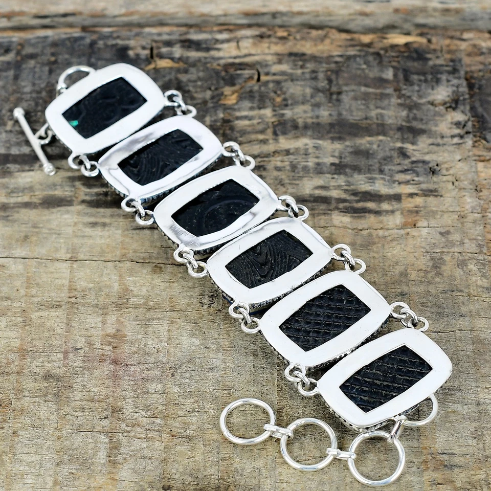 Blu Lucido Tripletta Fuoco Opale Gemma 925 Argento Sterling Artigianale Bracelet - Immagine 3 di 4