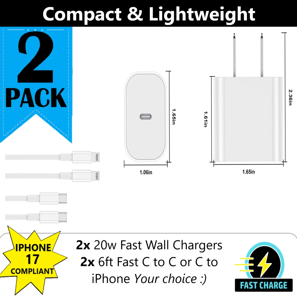 2 Pack Fast Wall Charger For iPhone 12 13 14 15 16 17 iPad X XR XS 8 7 6 Pro Max - Image 4 of 4