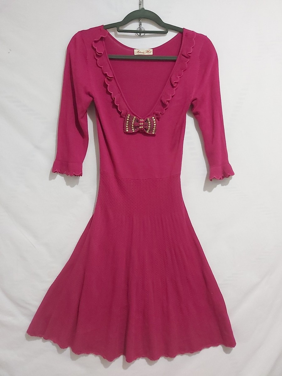 Alannah Hill Size 10 Deep Rose Pink Knit Dress Long Sleeve Scallop
