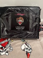 Ed Hardy Queen 6pc Black Embossed Tiger Sheet Set 100 Polyester NWT