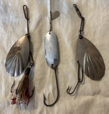 Three Vtg Lures,Dressed Fluted Spinner Treble Hook, Spoon Single Hook, & Spinner